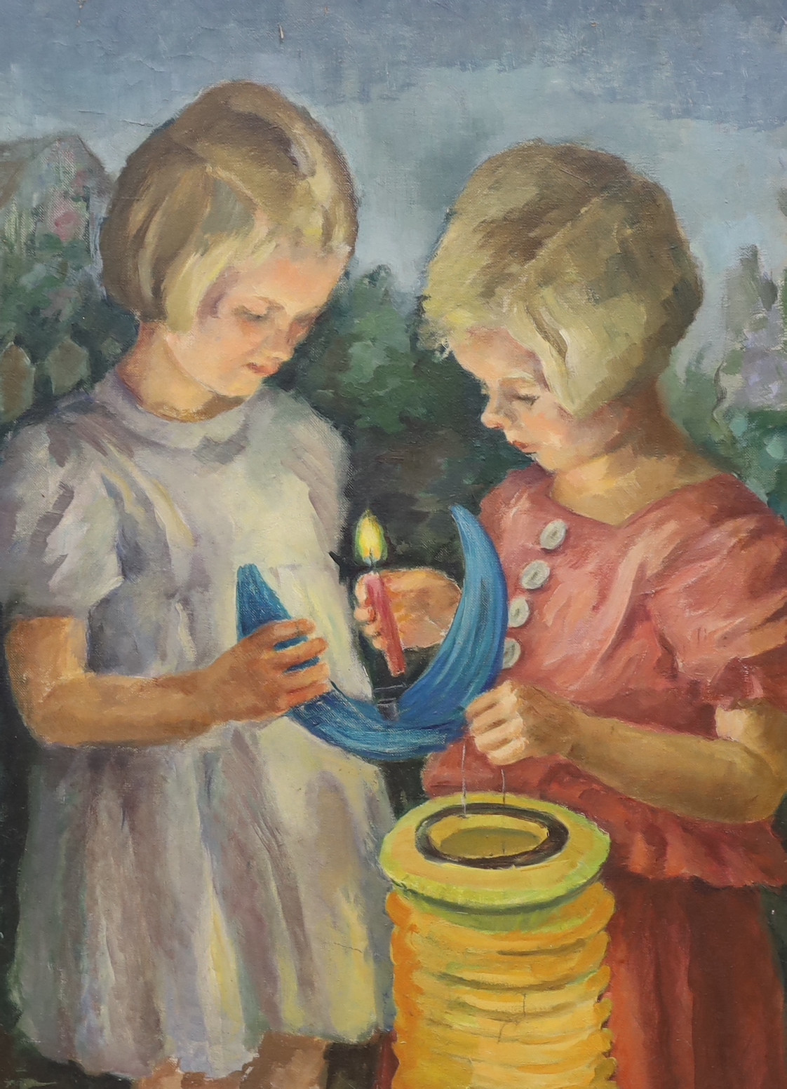 English School c.1930, oil on canvas, Children with lanterns, 72 x 54cm